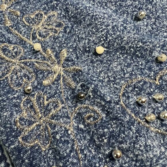 Vintage Acid Wash Embroidered Faux Pearl Denim Short Sleeve Shirt Western 18-20 - Picture 7 of 8